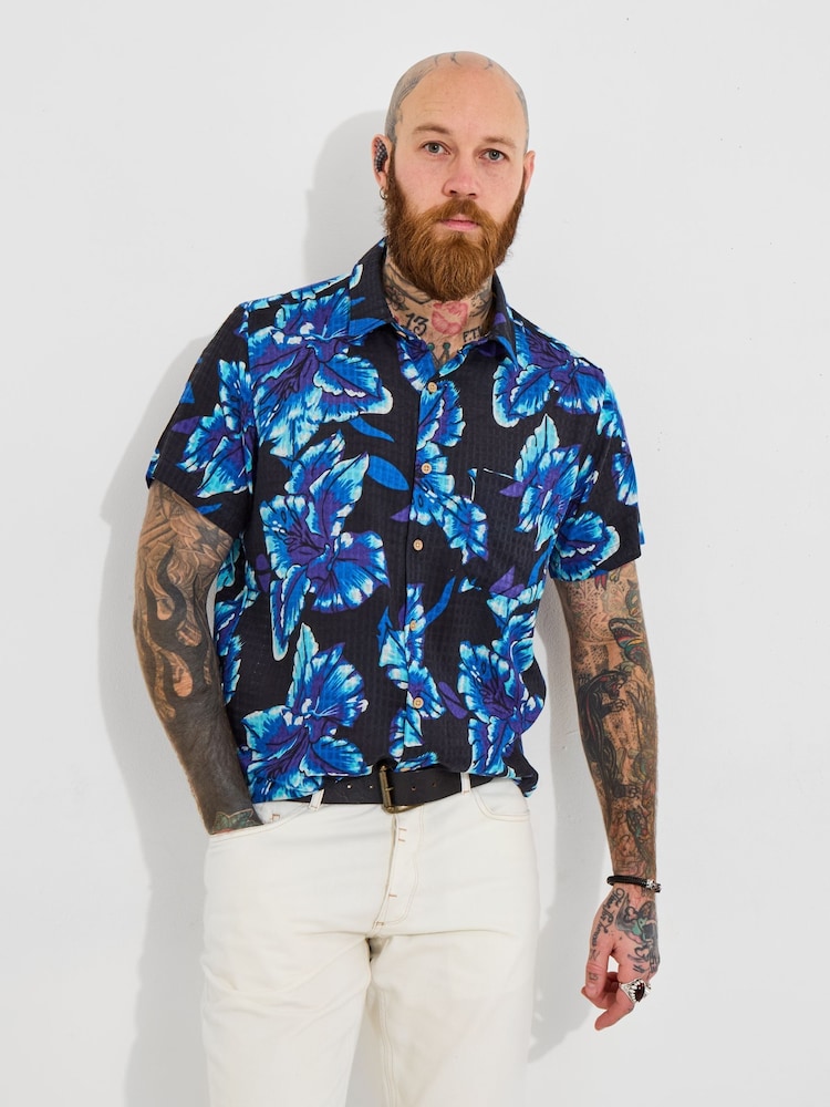 Joe Browns Blue 100% Cotton Lightweight Textured Floral Short Sleeve Shirt - Image 1 of 6