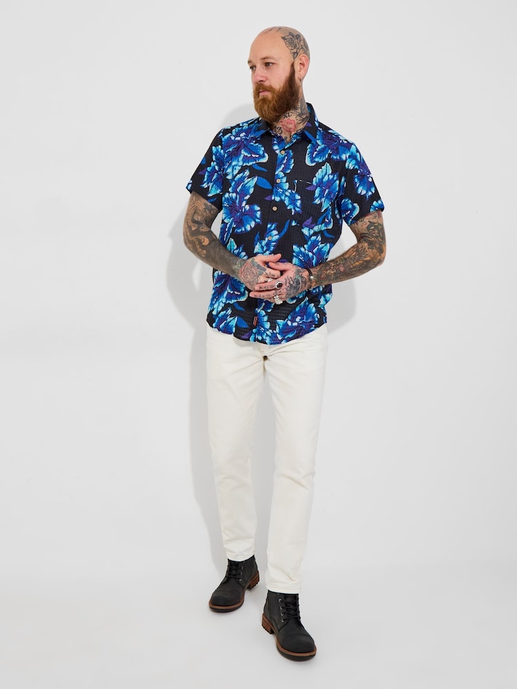 Joe Browns Blue 100% Cotton Lightweight Textured Floral Short Sleeve Shirt - Image 3 of 6