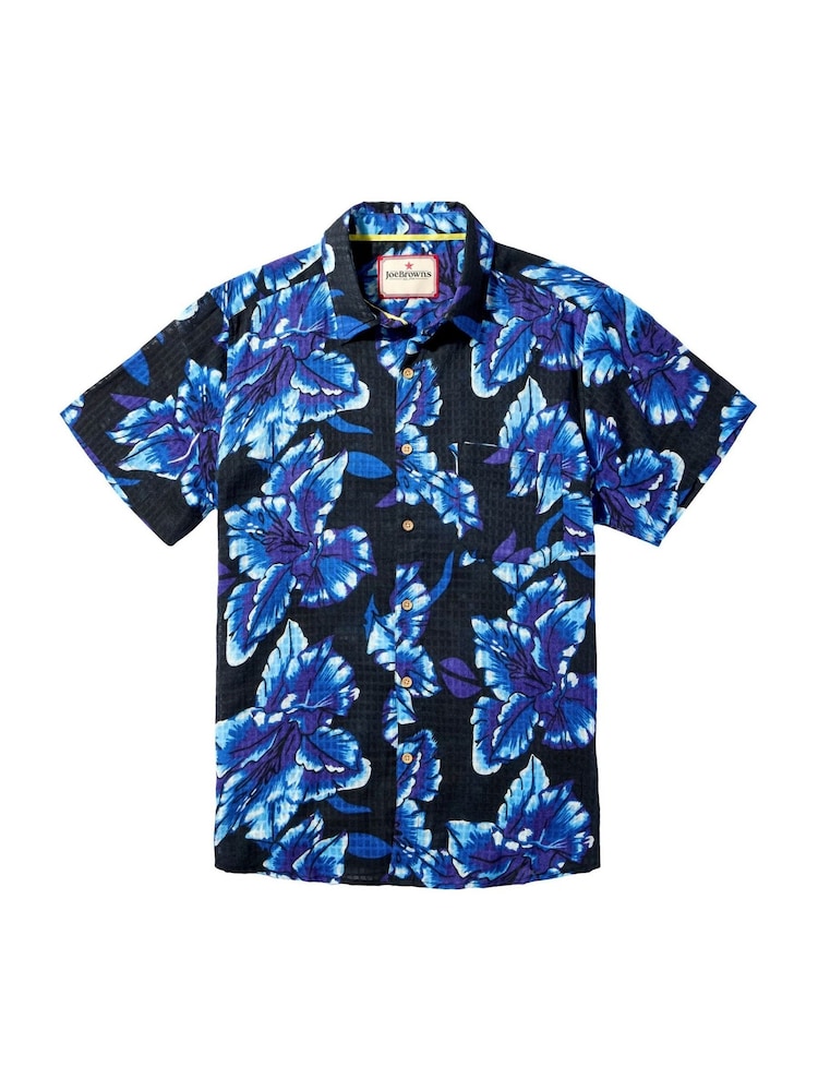 Joe Browns Blue 100% Cotton Lightweight Textured Floral Short Sleeve Shirt - Image 6 of 6