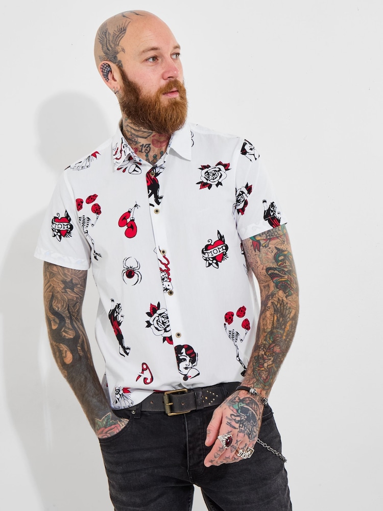 Joe Browns White 100% Cotton Contrast Trim Short Sleeve Tattoo Print Shirt - Image 1 of 5