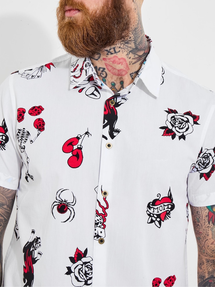 Joe Browns White 100% Cotton Contrast Trim Short Sleeve Tattoo Print Shirt - Image 3 of 5