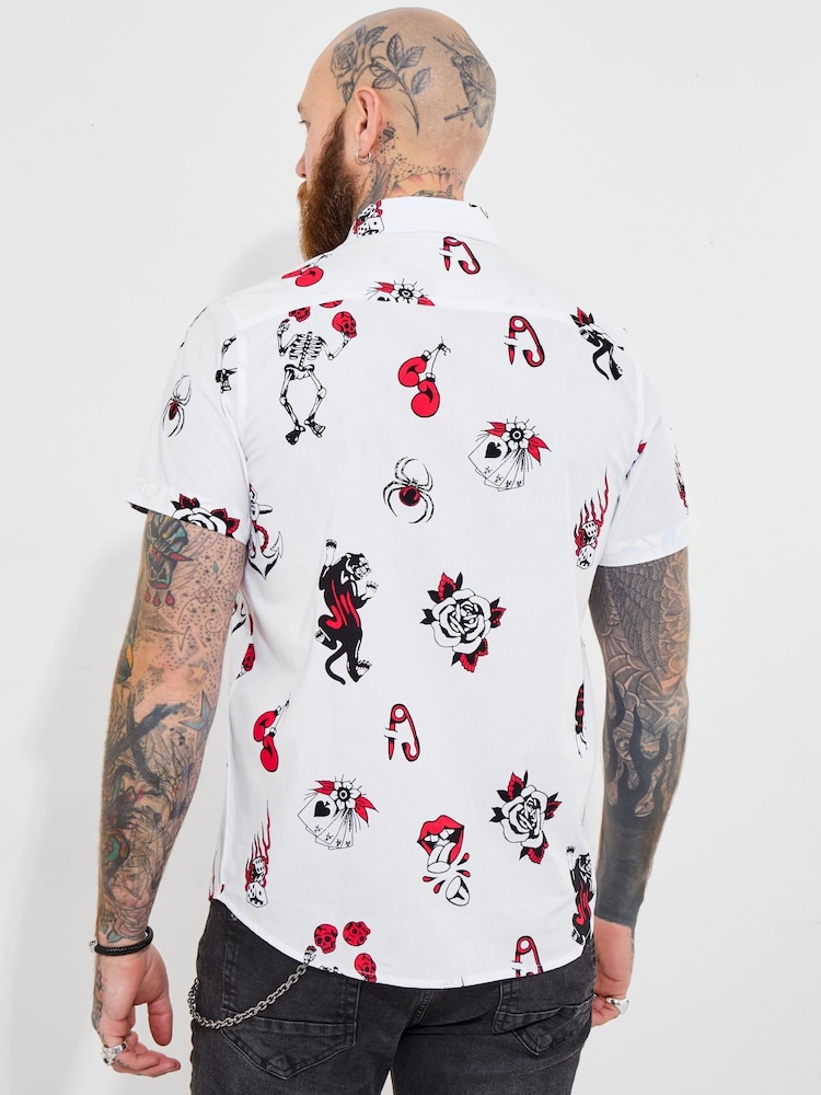 Joe Browns White 100% Cotton Contrast Trim Short Sleeve Tattoo Print Shirt - Image 4 of 5