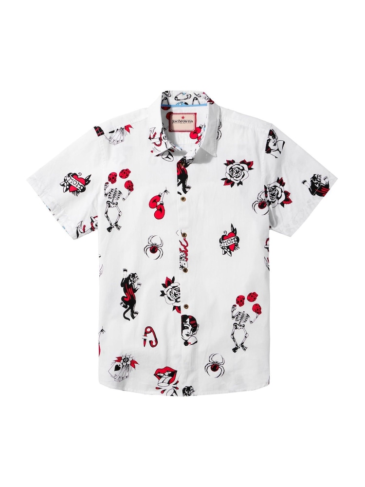 Joe Browns White 100% Cotton Contrast Trim Short Sleeve Tattoo Print Shirt - Image 5 of 5