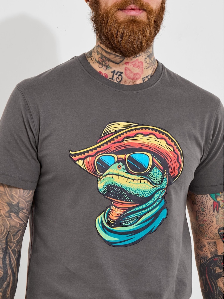 Joe Browns Grey 100% Cotton Statement Gecko Graphic Short Sleeve T-Shirt - Image 2 of 6