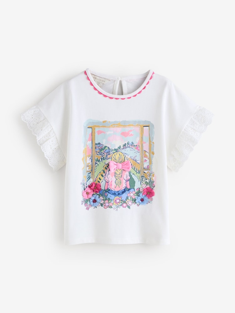 Monsoon White Bow & Flower Scene 100% Cotton T-Shirt - Image 1 of 3