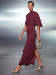 Berry Red Occasion Sheer Cape Maxi Dress - Image 3 of 9