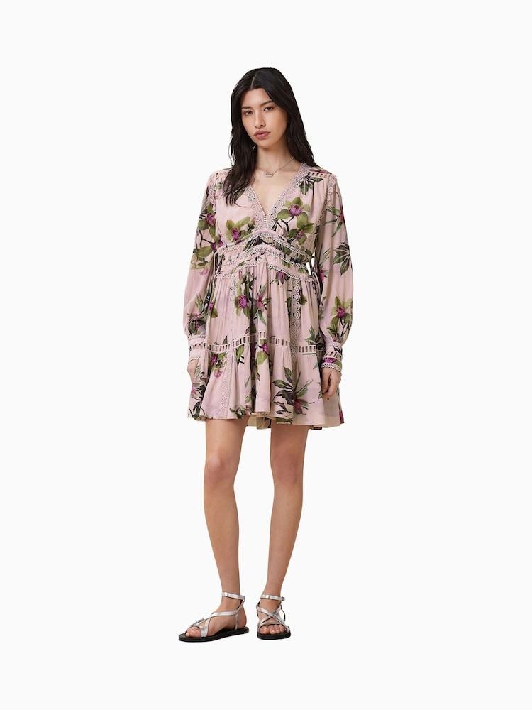 AllSaints Pink Xanthe Long Sleeve Mini Dress - Image 1 of 8