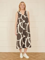 Yumi Brown 100% Cotton Abstract Circle Trapeze Relaxed Midi Dress - Image 2 of 4