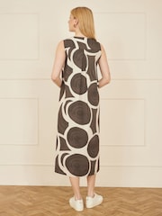Yumi Brown 100% Cotton Abstract Circle Trapeze Relaxed Midi Dress - Image 3 of 4