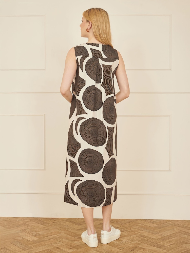 Yumi Brown 100% Cotton Abstract Circle Trapeze Relaxed Midi Dress - Image 3 of 4