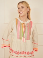 Yumi Natural Embroidered 100% Cotton Tunic - Image 3 of 5