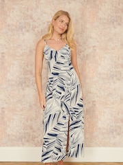 Yumi Blue Leaf Print Maxi Dress With Cross Back - Image 1 of 4