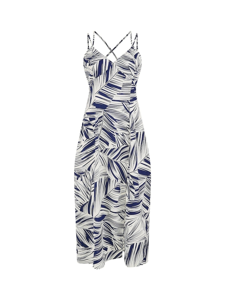 Yumi Blue Leaf Print Maxi Dress With Cross Back - Image 4 of 4