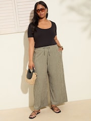 Friends Like These Khaki Stripe Curve Crinkle Jersey Wide Leg Trousers - Image 1 of 4
