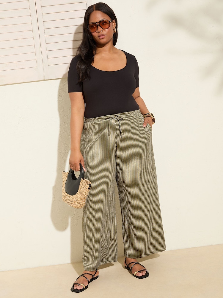 Friends Like These Khaki Stripe Curve Crinkle Jersey Wide Leg Trousers - Image 1 of 4