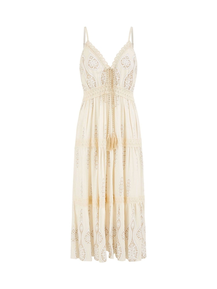 Yumi Natural Viscose Paisley Print Lace Trim Midi Sun Dress - Image 5 of 5