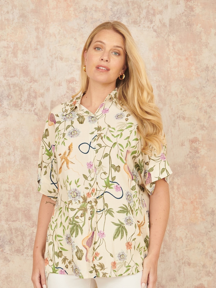 Yumi Natural Relaxed Fit Shirt With Botanical Print - Image 1 of 4