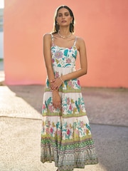 Yumi Cream Floral Block Print Tiered Maxi Sun Dress - Image 1 of 5