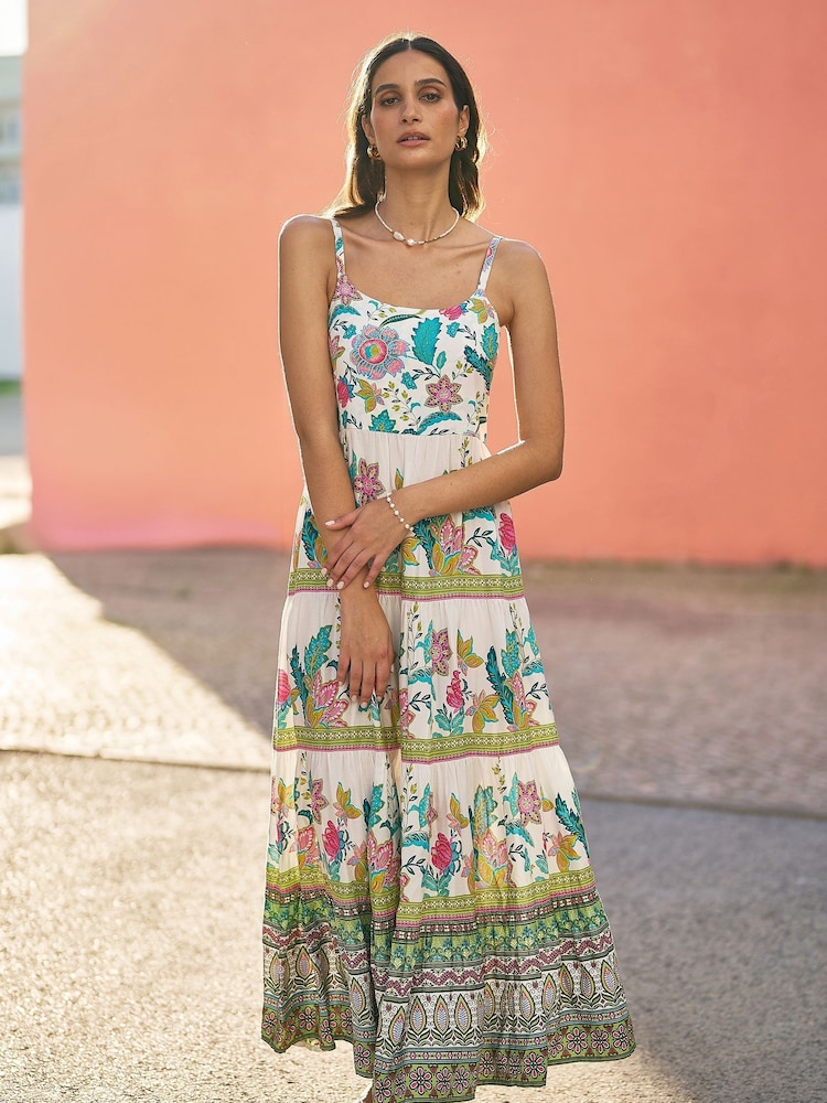 Yumi Cream Floral Block Print Tiered Maxi Sun Dress - Image 1 of 5