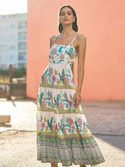 Yumi Cream Floral Block Print Tiered Maxi Sun Dress - Image 2 of 5