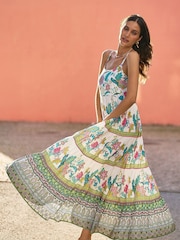 Yumi Cream Floral Block Print Tiered Maxi Sun Dress - Image 3 of 5