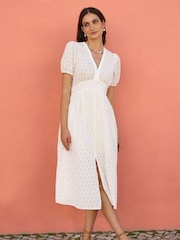 Yumi Cream Broderie Anglaise 100% Cotton Midi Dress With Split Hemline - Image 1 of 5