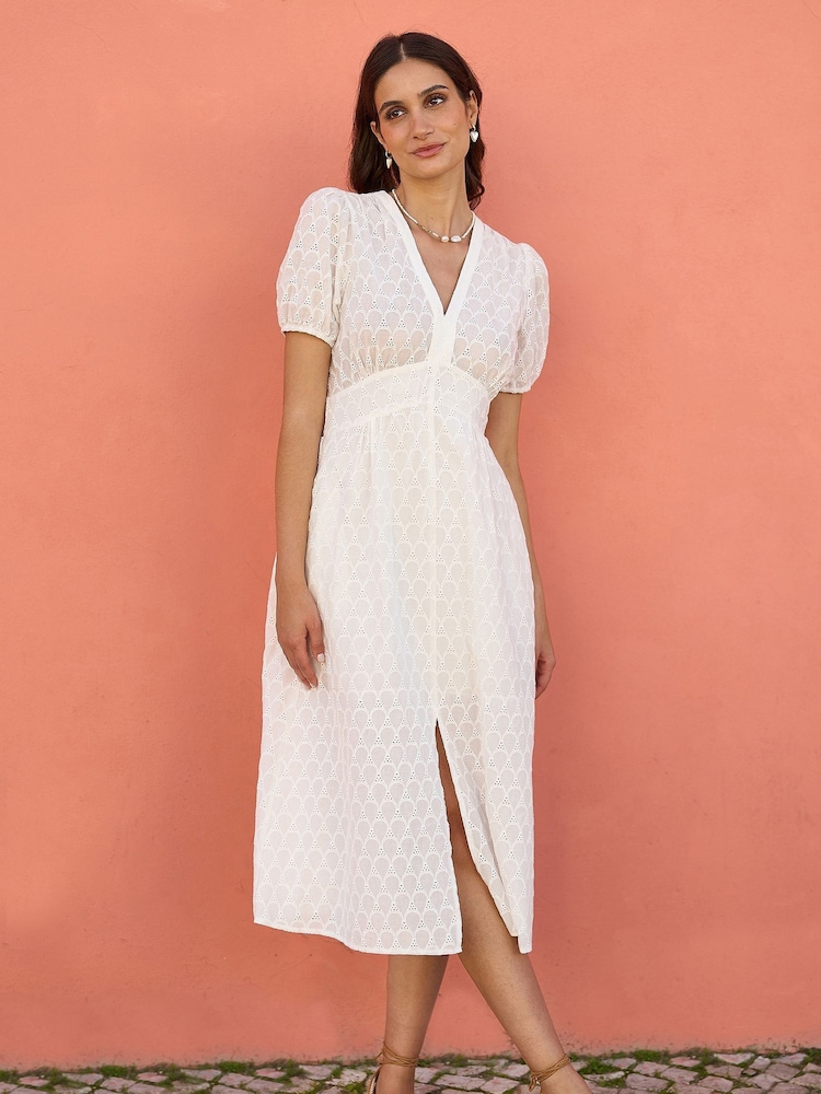 Yumi Cream Broderie Anglaise 100% Cotton Midi Dress With Split Hemline - Image 1 of 5