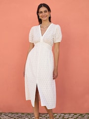 Yumi Cream Broderie Anglaise 100% Cotton Midi Dress With Split Hemline - Image 3 of 5