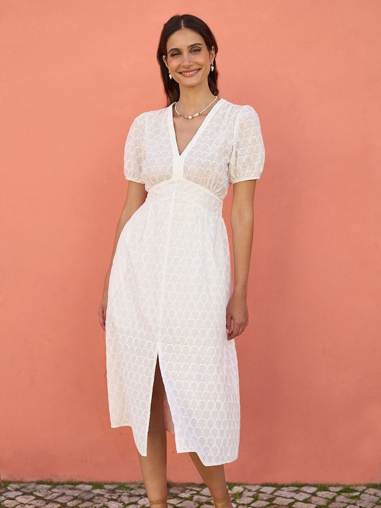 Yumi Cream Broderie Anglaise 100% Cotton Midi Dress With Split Hemline - Image 3 of 5
