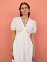 Yumi Cream Broderie Anglaise 100% Cotton Midi Dress With Split Hemline - Image 4 of 5