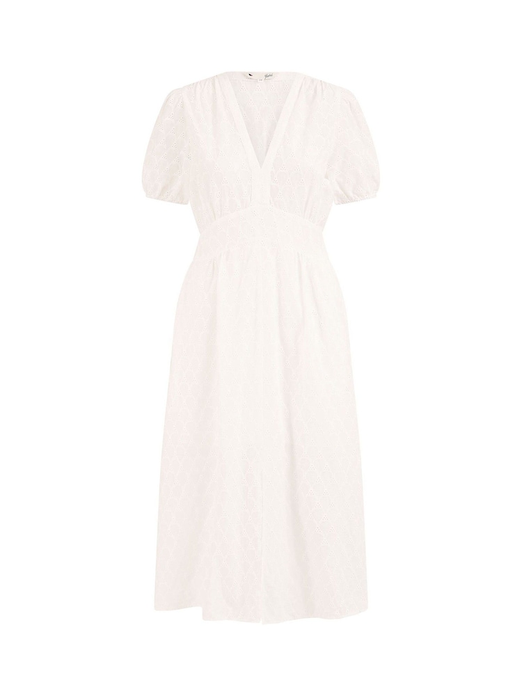 Yumi Cream Broderie Anglaise 100% Cotton Midi Dress With Split Hemline - Image 5 of 5
