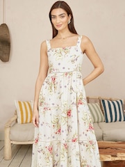 Yumi Cream Floral Broderie Anglaise 100% Cotton Midi Sun Dress - Image 1 of 5