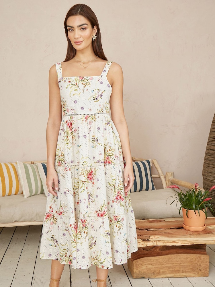 Yumi Cream Floral Broderie Anglaise 100% Cotton Midi Sun Dress - Image 2 of 5