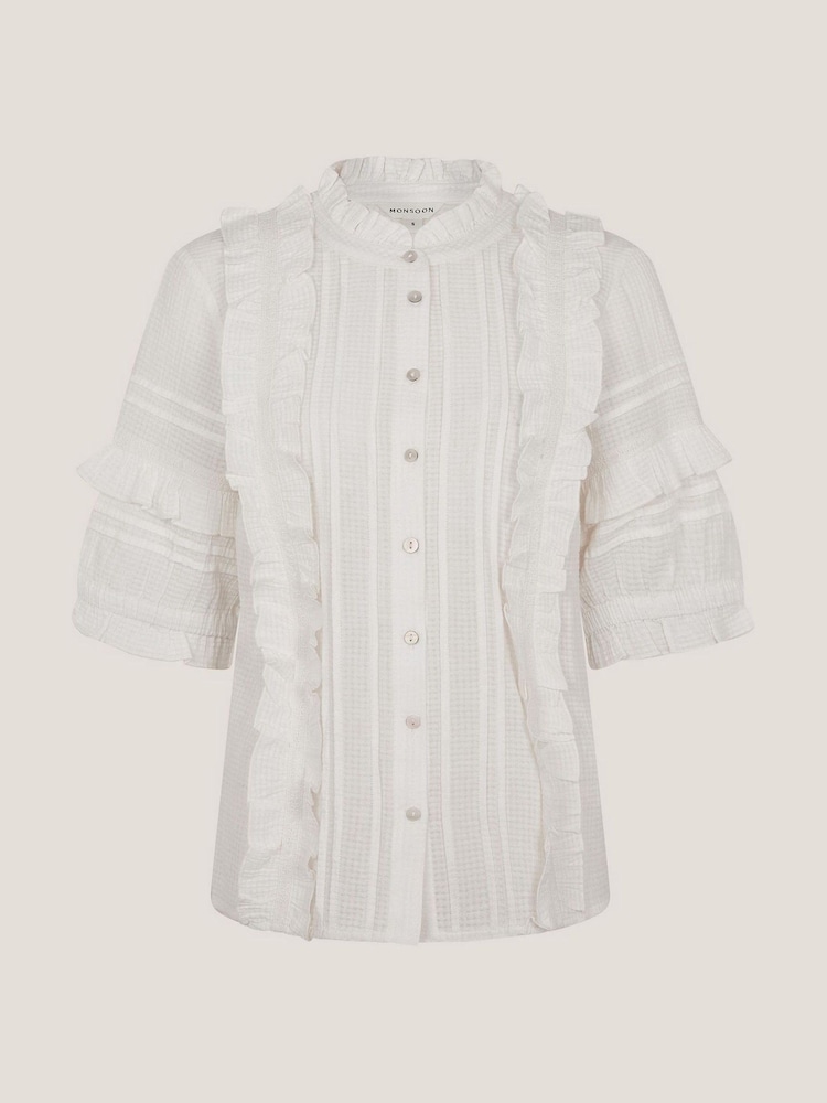 Monsoon White Meesha Frill Short Sleeve 100% Cotton Shirt - Image 5 of 5