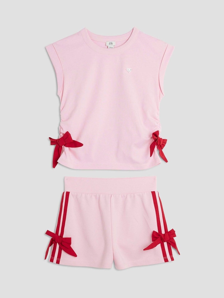 River Island Pink Girls 100% Cotton Mono Bow Shorts Set - Image 1 of 3 River Island Pink Girls 100% Cotton Mono Bow Shorts Set - Image 1 of 3