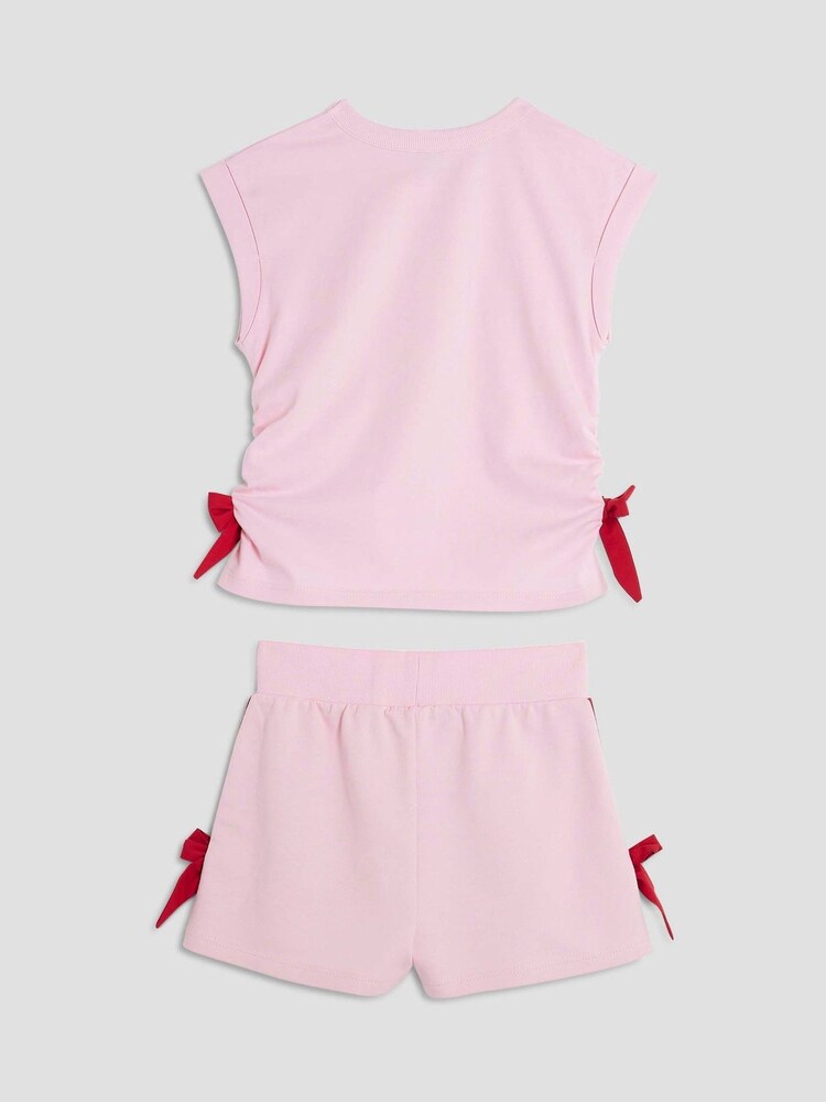River Island Pink Girls 100% Cotton Mono Bow Shorts Set - Image 2 of 3 River Island Pink Girls 100% Cotton Mono Bow Shorts Set - Image 2 of 3