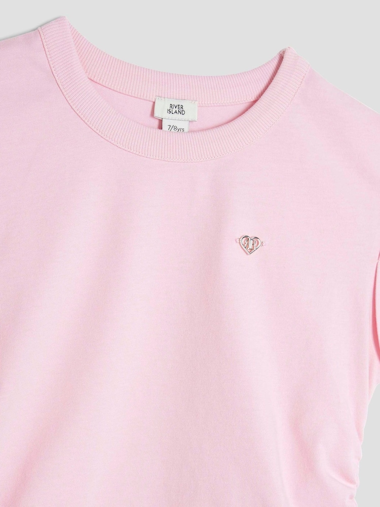 River Island Pink Girls 100% Cotton Mono Bow Shorts Set - Image 3 of 3