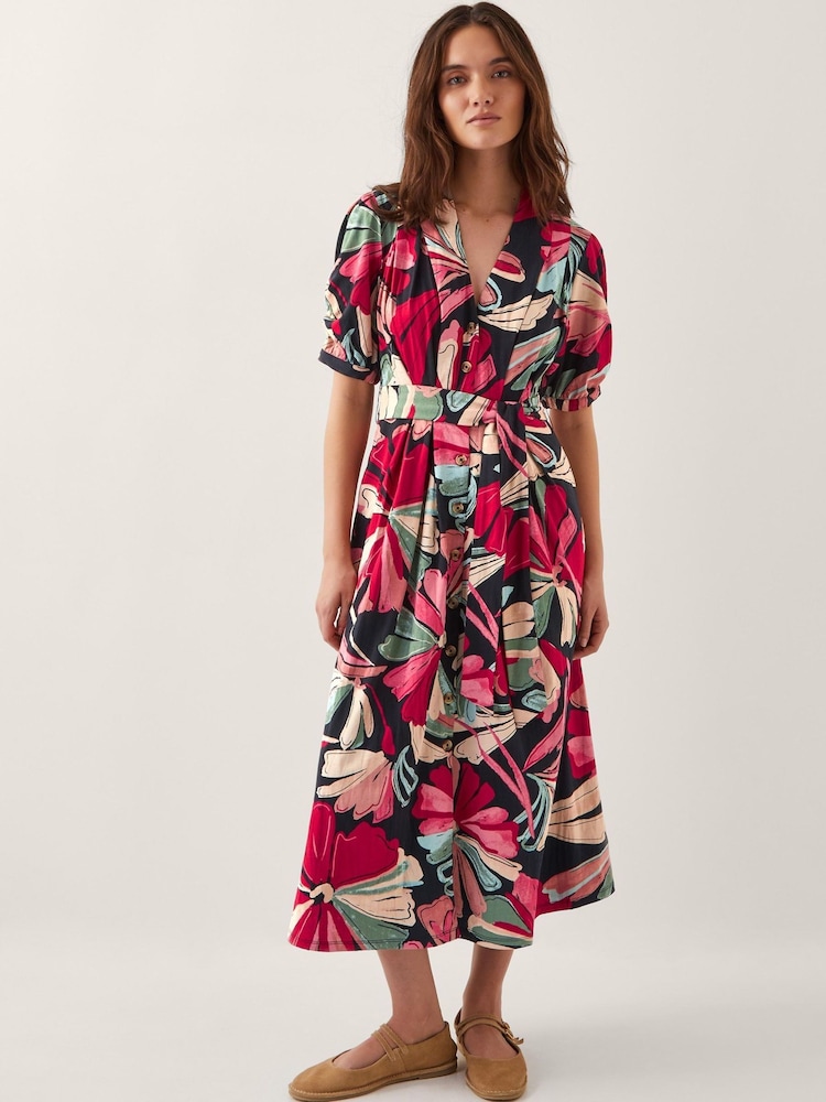 Monsoon Red Jemima Floral Midi Shirt 100% Cotton Dress - Image 1 of 5