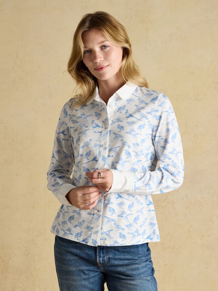 Joules Charlotte Blue Pheasants Printed Jersey Shirt - Image 1 of 7 Joules Charlotte Blue Pheasants Printed Jersey Shirt - Image 1 of 7