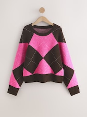 Pink and Brown Argyle Crew Neck Knitted Jumper with Wool - Image 1 of 3
