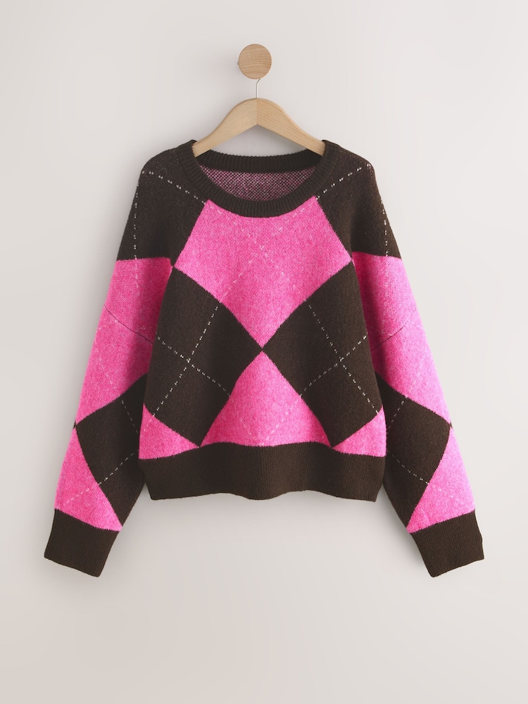 Pink and Brown Argyle Crew Neck Knitted Jumper with Wool - Image 1 of 3