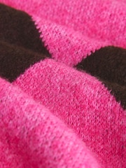 Pink and Brown Argyle Crew Neck Knitted Jumper with Wool - Image 2 of 3
