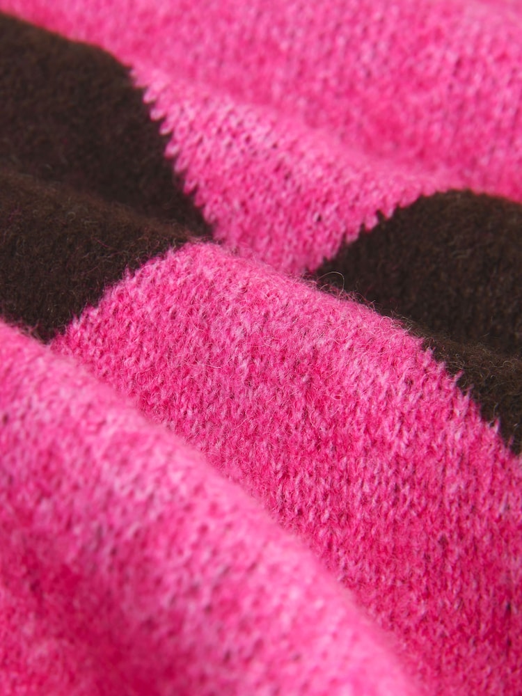 Pink and Brown Argyle Crew Neck Knitted Jumper with Wool - Image 2 of 3