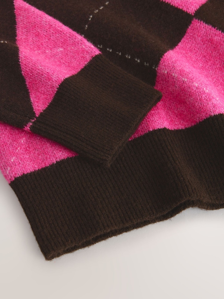 Pink and Brown Argyle Crew Neck Knitted Jumper with Wool - Image 3 of 3