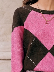 Chocolate Brown/Pink Argyle Crew Neck Knitted Jumper with Wool - Image 4 of 7