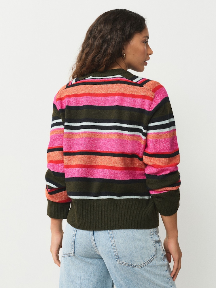 Bright Pink/Khaki Multi Stripe Crew Neck Knitted Jumper with Wool - Image 2 of 8 Bright Pink/Khaki Multi Stripe Crew Neck Knitted Jumper with Wool - Image 2 of 8