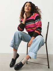 Bright Pink/Khaki Multi Stripe Crew Neck Knitted Jumper with Wool - Image 4 of 8