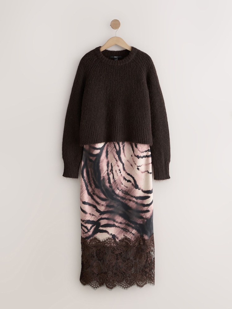 Chocolate Brown Animal Print 2 in 1 Jumper Slip Dress - Image 1 of 4