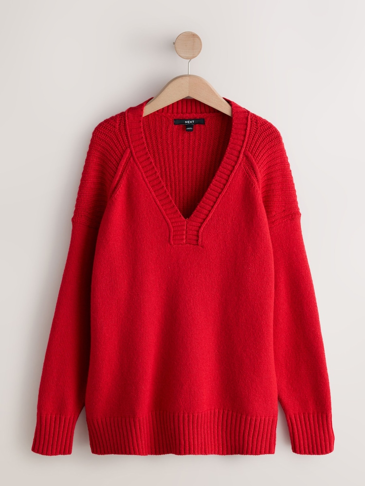 Cherry Red Cotton And Wool Blend Longline V-Neck Jumper - Image 1 of 3 Cherry Red Cotton And Wool Blend Longline V-Neck Jumper - Image 1 of 3
