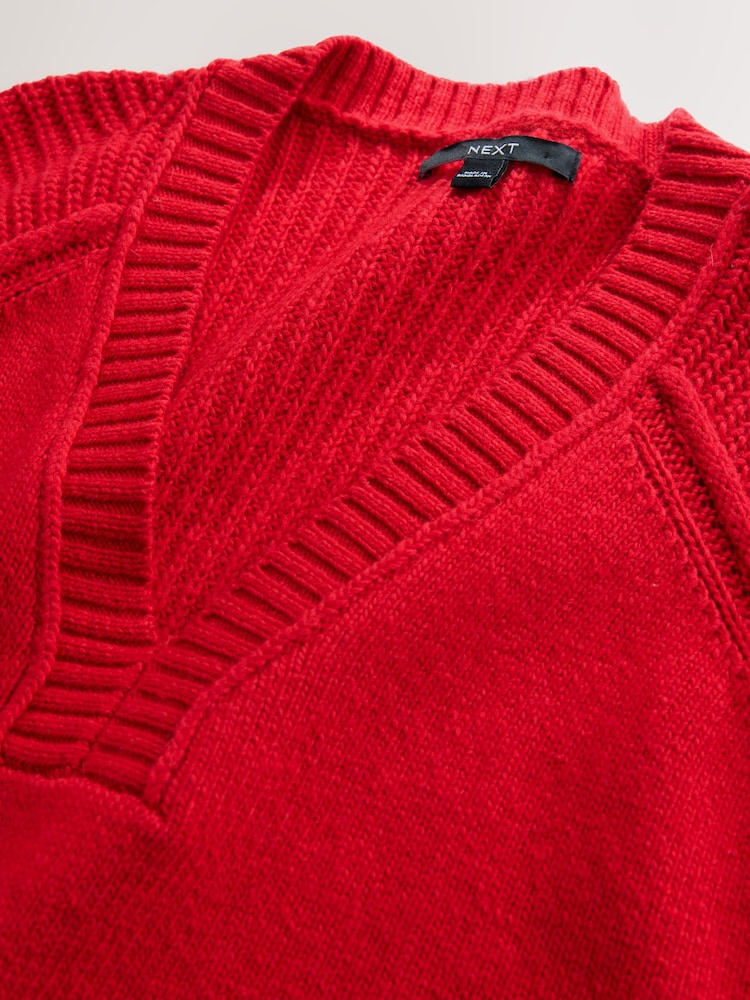 Cherry Red Cotton And Wool Blend Longline V-Neck Jumper - Image 3 of 3 Cherry Red Cotton And Wool Blend Longline V-Neck Jumper - Image 3 of 3